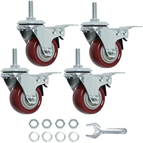 Finnhomy Swivel Caster Wheels 2 Inch Heavy Duty Threaded Stem Casters 1/4" - 20 x 1 with Brake Set of 3 for Wire Shelves Wheels PU Load Bearing 800 Lbs Anti-wear Smooth Casters, Red
