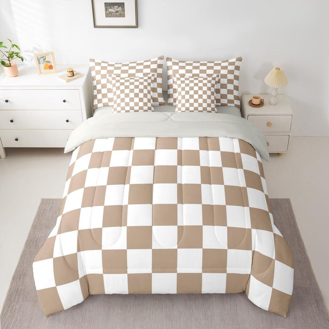 Feelyou Checkered King Comforter Set with Sheets for Kids Boys Girls Brown Plaid 7 Pieces Bedding Set Vintage Checkerboard Geometric Bed in a Bag Reversible Grey Room Decor Soft