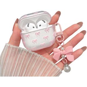 MINSCOSE Compatible with AirPods 4 Clear Case,Cute Bow Pattern Pretty Ribbon Aesthetic Design with Bow Pearl Keychain,Soft TPU Protective Shockproof Case for Women Girl for AirPods 4-Pink