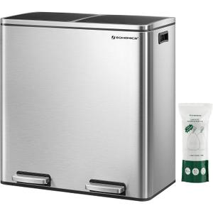 SONGMICS Trash Can, 2 x 8 Gallon (2 x 30 L) Garbage Can for Kitchen, with 15 Trash Bags, 2 Compartments, Plastic Inner Buckets and Hinged Lids, Airtight, Silver and Black ULTB60NL