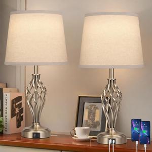 Touch Table Lamps Set of 2, nightstand lamp with USB Ports Bedside 3 Way Touch dimmer Desk lamp for Living Room Bedroom,Nickel Plated Spiral cage Base Design Warm White dimmer Bulbs Included