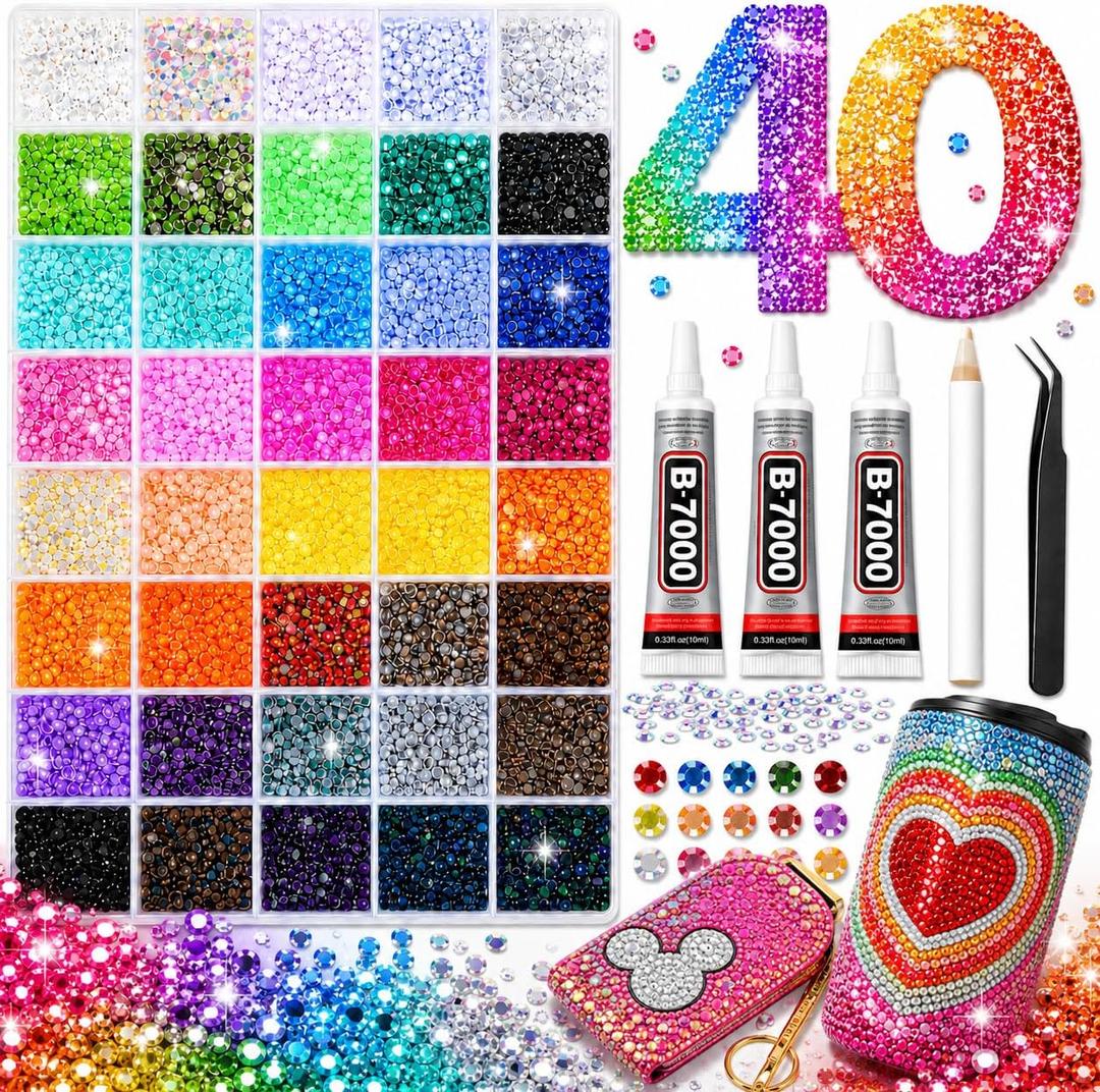 40000Pcs 40 Colors Jelly Resin Kit, Bedazzling Kit, Bedazzler Kit with Rhinestones, 3mm Flatback Gems with B7000 Glue & Tools for Crafts, Nails, Shoes