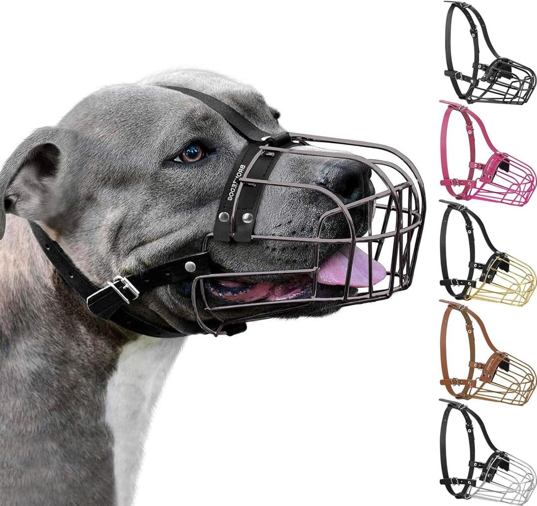 BRONZEDOG Pitbull Dog Muzzle Metal Mask Amstaff Wire Basket Pit Bull Adjustable Leather Straps for Large Dogs (Graphite Metal)