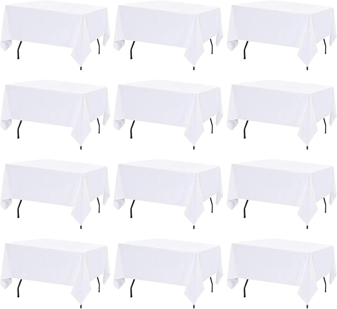 12 Pack White Table Cloth Rectangle Table Cloths for 6 Foot Rectangle Tables 60 X 102 Inch Washable Polyester Table Covers, Reusable & Wrinkle Resistant for Weddings, Parties, Events, and Everyday Use