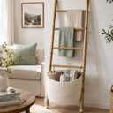 Bamboo Blanket Ladder with 2 Woven Storage Baskets, Handcrafted 55in Decorative Ladder for Blankets, Leaning Blanket Holder for Living Room, Towel Ladder for Bathroom & Quilt Display Rack, Large