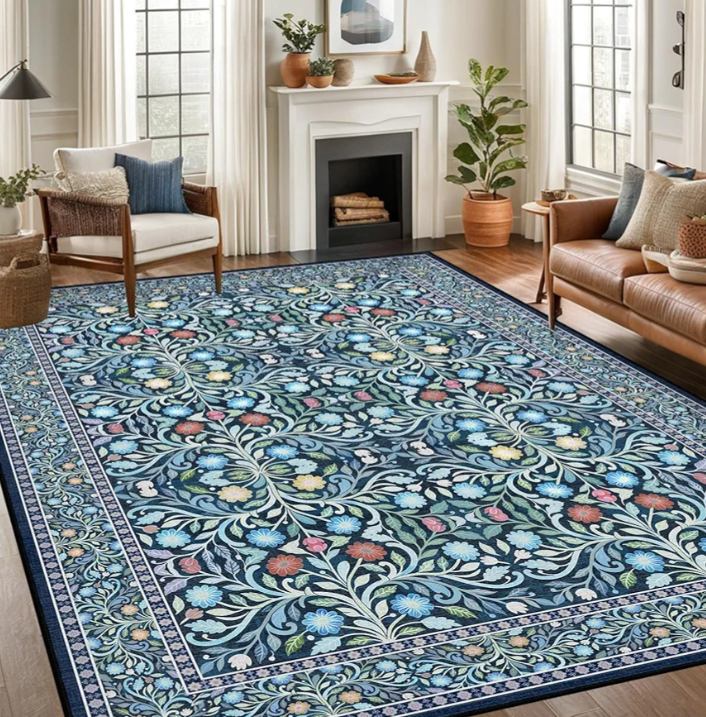 8x10 Area Rugs for Living Room, Washable Rug Floral Vintage Rugs for Bedroom Non Slip Low Pile Large Blue Boho Carpet Indoor Kitchen Dining Room Office Playroom Floor Mat