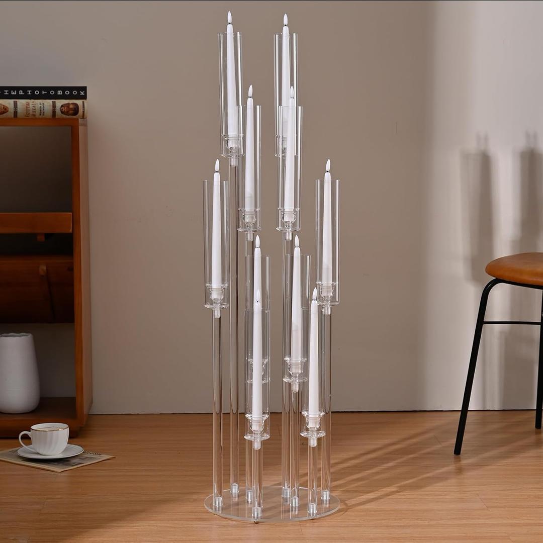 10 Arm Acrylic Candelabra Centerpieces for Wedding Tables, Floor Clear Tall Candlesticks Holder with Removable Lampshade for Birthday Party Home Decoration, Fit 0.82" LED Candles(37.7Inches)