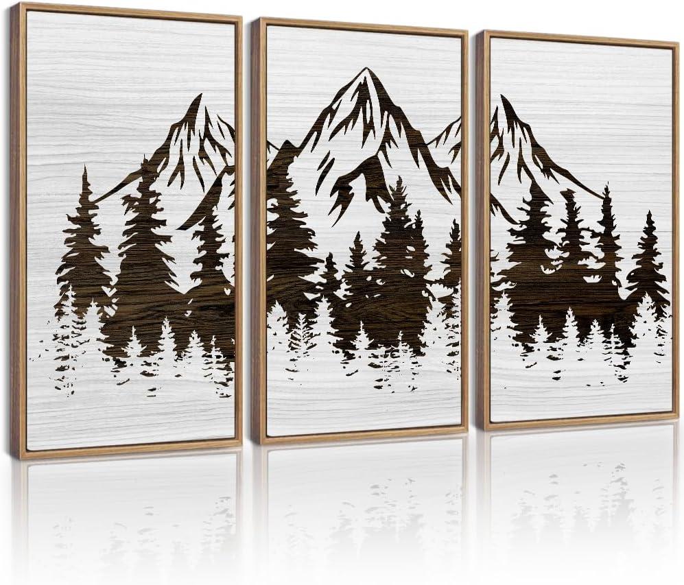 KUVIOKE Mountains Tree Framed Wall Art Boho White Forest Nature Landscape Artwork Painting Morden Country Woodcut Wood Wall Decor Rustic Home Decor for Bedroom Farmhouse 16x24in (Natural Framed)