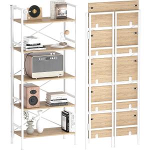 Folding Bookshelf, 5-Tier Bookcase Foldable Shelf with X-Bracket Design, Adjustable Feet, Space Saving Storage for Living Room, Office, Light Coffee