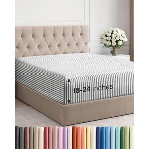 Extra Deep Queen Fitted Sheet - Hotel Luxury Single Fitted Sheet Only - Easily Fits 18 inch to 24 inch Mattress - Ultra Soft, Wrinkle Free with Extra Deep Pockets - Breathable & Comfy - Grey Stripes