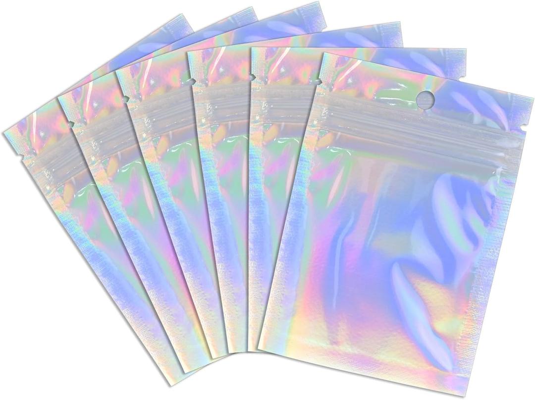 100 Pack Holographic Resealable Plastic Bags for Food Storage, Zipper Bags with Clear Front Window, Packaging Pouch for Small Business (100 Pack, 2.8x4 inch)