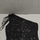 Cololura Women Sequin Elegant Sexy One Shoulder Tassel Oblique Collar Mermaid Bodycon Cocktail Evening Dress Size M, Black-curve