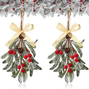 Giegxin 2 Piece Christmas Artificial Mistletoe Ornament with Red Bow Christmas Hanging Mistletoe Decoration Bouquet Floral Natural Pine Cones Holiday Decoration Ornament Bouquet (Gold Style)