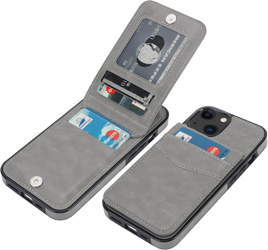 KIHUWEY Compatible with iPhone 13 Case Wallet with Credit Card Holder, Premium Leather Magnetic Clasp Kickstand Heavy Duty Protective Cover for iPhone 13 6.1 inch (Gray)