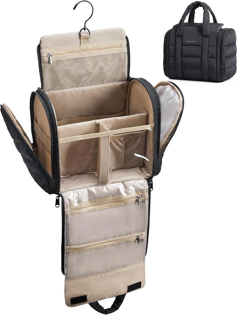 BAGSMART Travel Toiletry Bag with Removable Partition, Puffy Water-resistant Fabric Hanging Organizer for Full-Size Toiletries, Accessories, Black