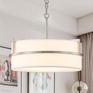 15.7" Modern Drum Chandelier Ceiling Light Fixture,3-Light Drum Pendant Light with White Fabric Shade,Adjustable Brushed Nickel Dining Room Chandelier for Kitchen Island Over Table Bedroom,E26