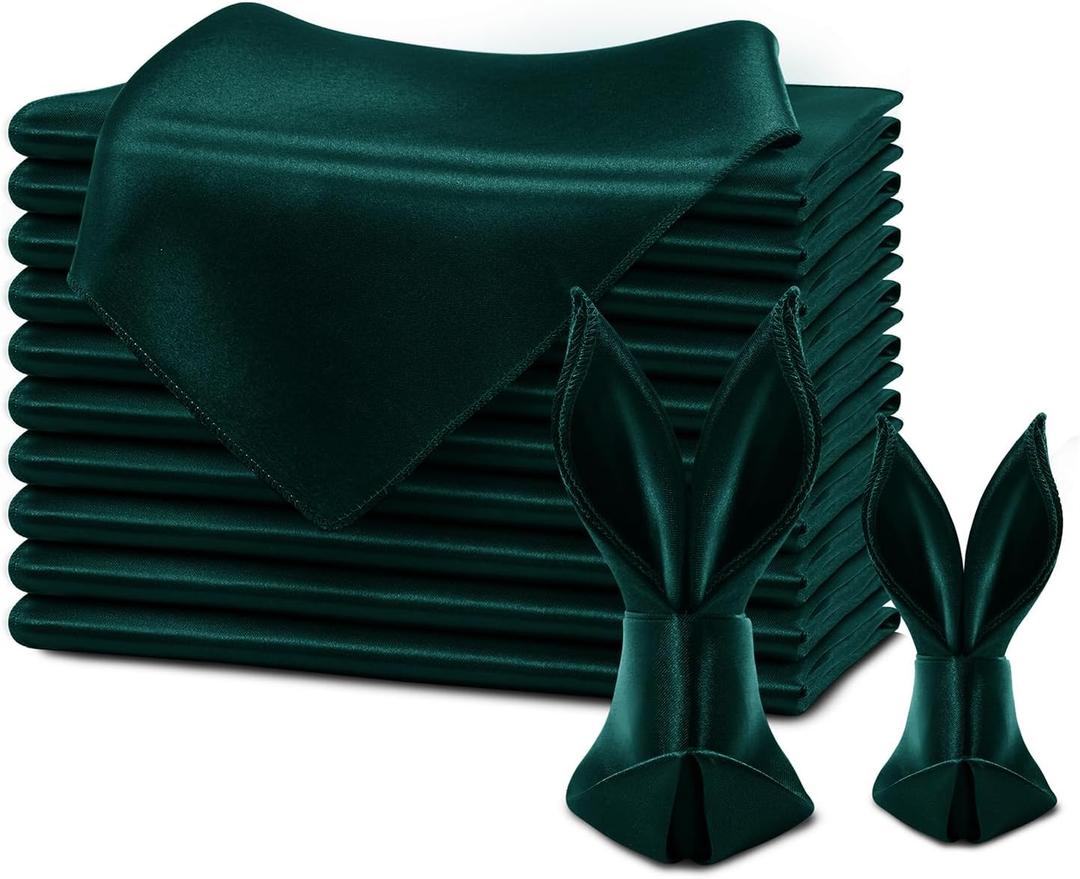 KKJIAF Hunter Green Silky Satin Napkins (12 Pieces, 17x17 Inches),Washable Polyester Square Table Napkins for Wedding Dinner Party Decoration
