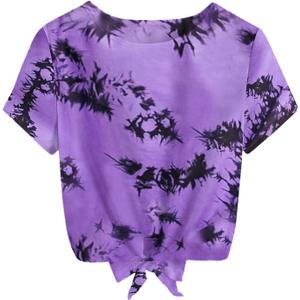 Girls Short Sleeve Shirt Cute Tie Dye Purple Casual Crop Tops Blouse Size 10-12 (Purple)