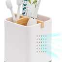 Boperzi Toothbrush and Toothpaste Holder with Bamboo Divider for Bathroom Countertop Organizer, Plastic Detachable Anti-Slip Large Electric Toothbrush Holders Storage Caddy Drainage for Family, Kids (White&Gray)
