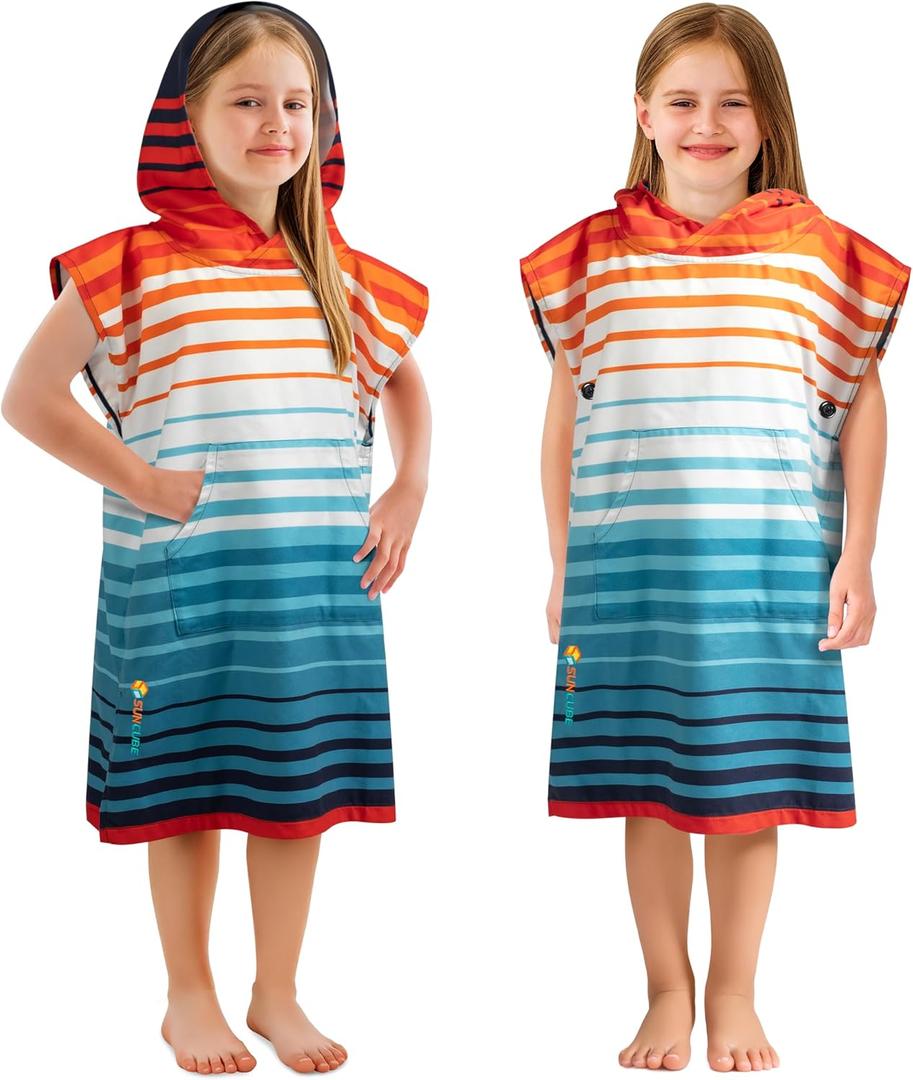 SUN CUBE Kids Towel Changing Swim Robe Surf Poncho, Quick Dry Microfiber Hooded Wearable Blanket for Boys Girls 3-7 Years, Orange Stripe