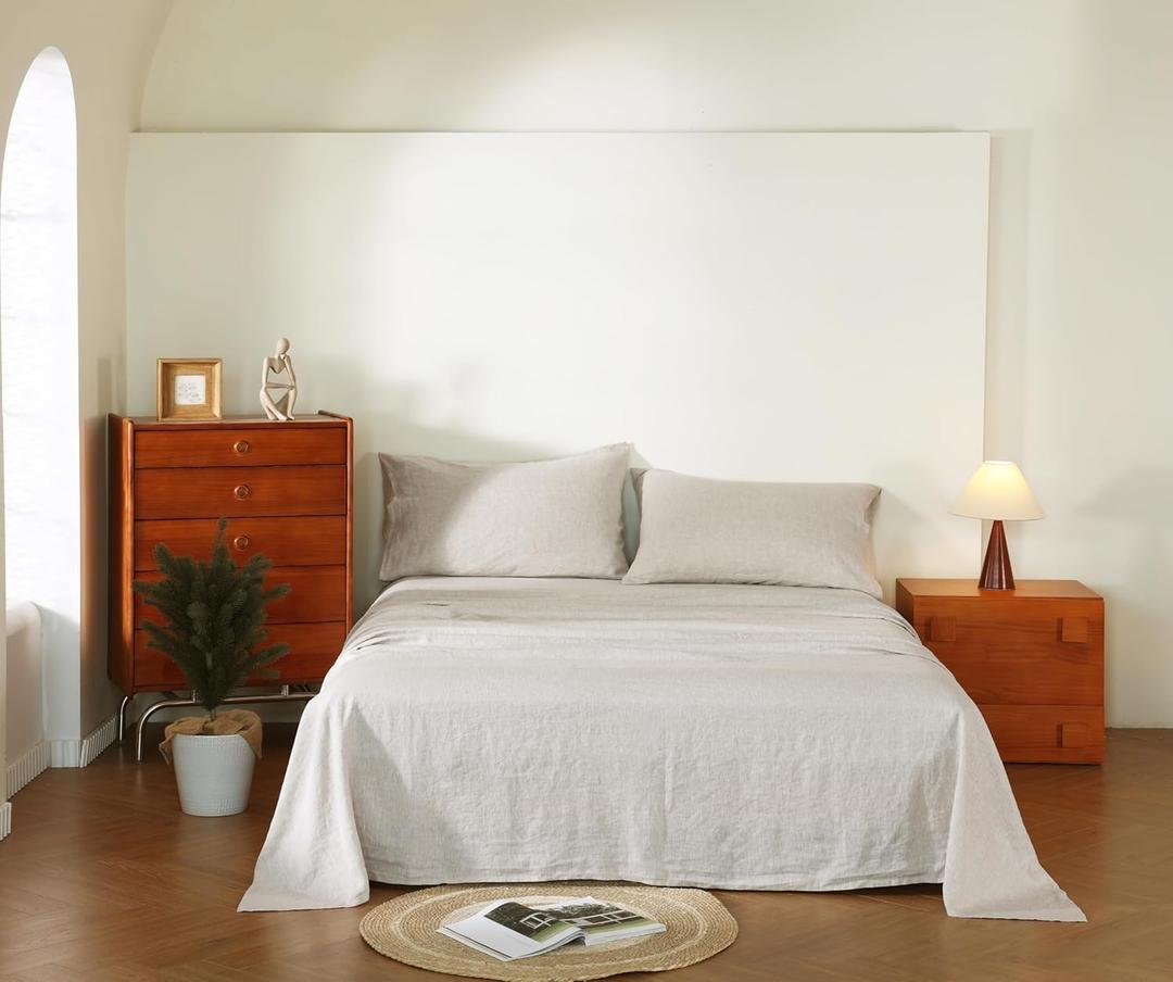 100% French Flax Linen Sheet Set, Bed Sheets Breathable and Durable, 4 Pcs Set - 1 Flat Sheet, 1 Fitted Sheet, 2 Pillowcases, 16 Inch Deep Pocket, All Season (Natural Linen, King)