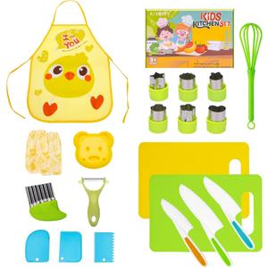 21pcs Kids Knife Set for Real Cooking, Toddler Knife Set, Montessori Kids Kitchen Knife Set with Cutting Board Crinkle Cutters Kid Safe Knives,3 4 5 6 7 8 9 10 Year Old Boys Girls Birthday Christmas (Multicolor 21pcs Set)