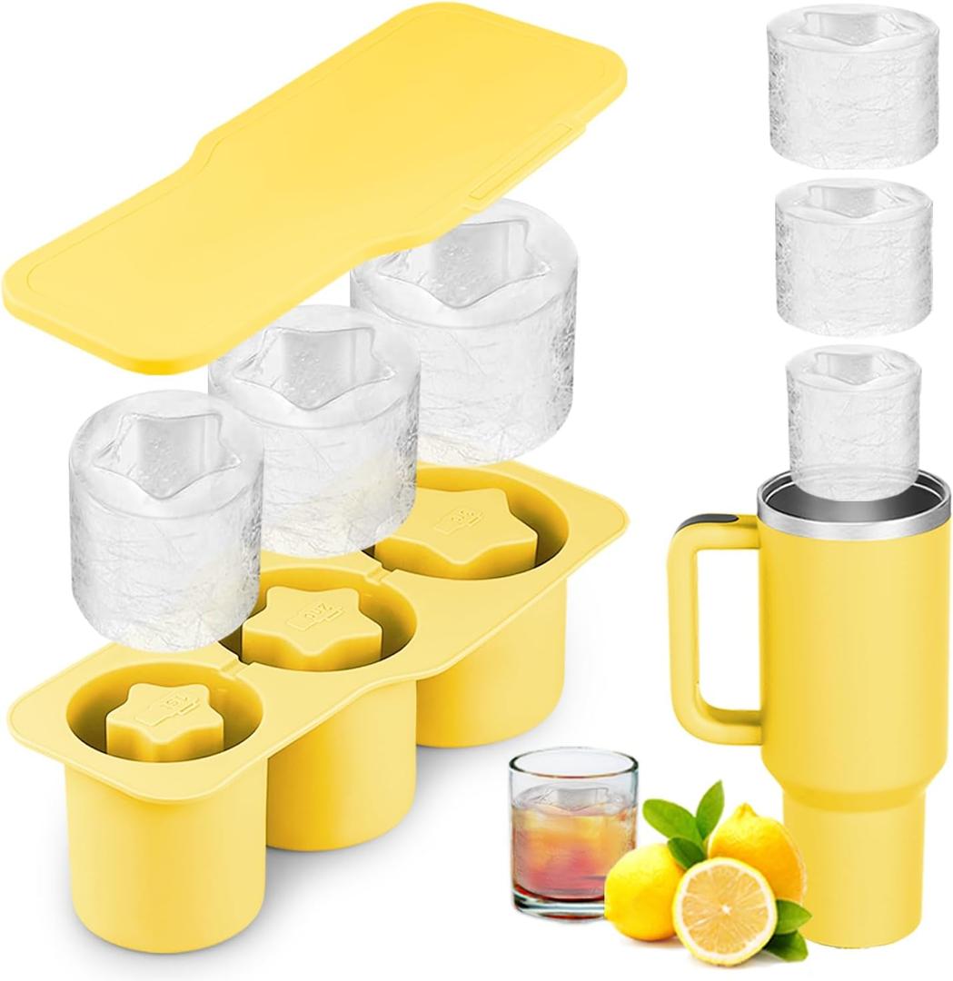 Ice Cube Tray for Tumbler, 3-in-1 Silicone Ice Cube Trays with Lid for Freezer, Cylinder Ice Cube Mold for Stanley Cup Accessories, 20-40 oz Tumbler Ice Mold, Cocktails Whiskey Ice Cubes Mold (Yellow)