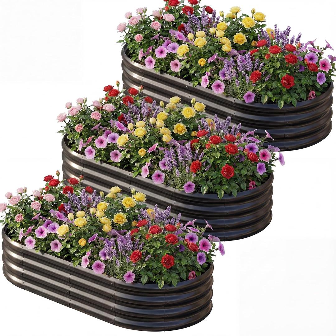 AHEONLAR 3 Pack 6 x 3 x 1ft Galvanized Raised Garden Bed, Oval Durable Planter Boxes Outdoor for Vegetables, Fruits, Flowers and Plants, Quick Assembly, Black