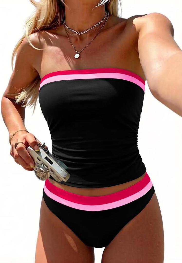 Jolefille Tankini Swimsuits for Women Two Piece Strapless Bandeau Bathing Suits Tops Full Coverage Modest Swim Suits 2026 (Large, Black 3)