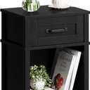 Farmhouse Nightstand with Drawer, Small Wood Side Table, Wooden Bedroom Nightstand, Wood Night Stand, Black Bedside Table with Storage, Black End Table for Living Room LET512B