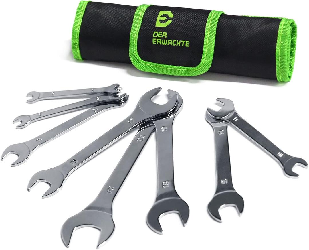Super-Thin Open End Wrench Set, Metric, 8-Piece, Including 6, 7, 8, 9, 10, 11, 12, 13, 14, 15, 16, 17, 18, 19, 22, 24 mm, Slim Spanner Wrench Set with Rolling Pouch