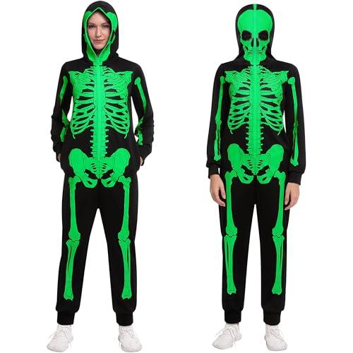 Spooktacular Creations Skeleton Costume Adult Women, Glow in the Dark Costume, Plush Skeleton Zippered Hoodie for Halloween Dress Up Parties-XL