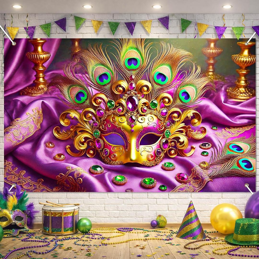 BlissYard Golden Mardi Gras Backdrop Masquerade Party Decorations Banner 71 x 43 inch Mardigras Carnival Celebration Party Photo Booth Photography Background New Orleans Masquerade Party Supplies (Feathered Mask#005)