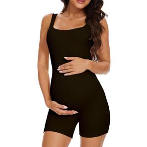 Maternity Workout Romper Pregnancy Yoga Ribbed One Piece Seamless Tank Top Jumpsuit (Large, 01black)