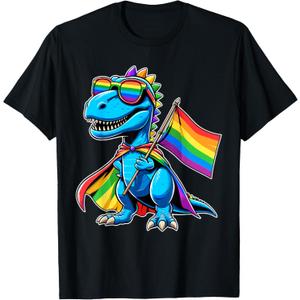 Dinosaur Gay Pride LGBT Rainbow Flag T-Shirt (Small, Black)