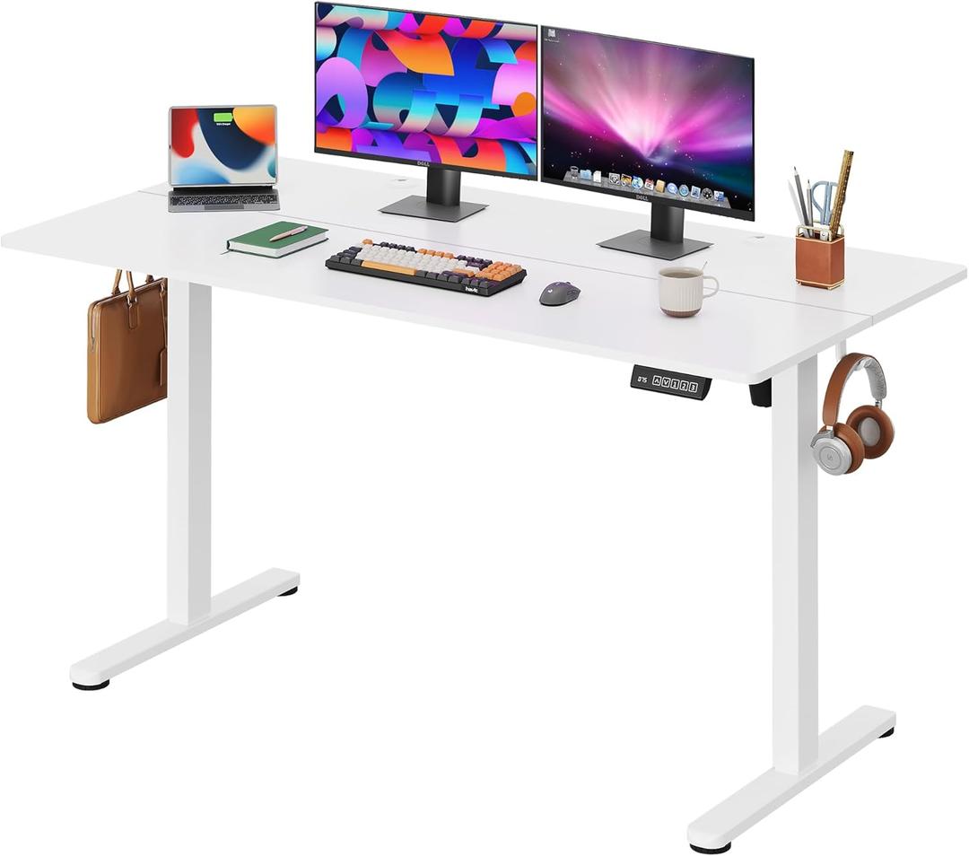 DEVAISE 55 x 28 Inches Electric Standing Desk, Adjustable Height Stand up Desk, 28" Deeper Desktop Sit to Stand Desk with 3 Memory Preset, Adjustable Computer Desk for Home Office (White)