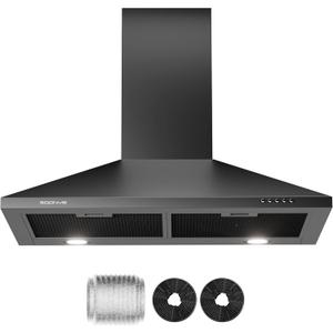 Soonye 24 Inch Wall Mount Range Hood Ducted/Ductless Convertible Kitchen Exhaust Hood with 450 CFM Motor, 3 Speed Fan, LED Lighting and Dishwasher Safe Filters, Matte Black Painted Finish
