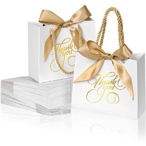 DECHISY 50 Pack Small Thank You Bags with Handles, 5.5 x 2.5 x 4.7 Inch, White Gift Bags for Bridal Shower, Birthday Party, Baby Shower, Wedding