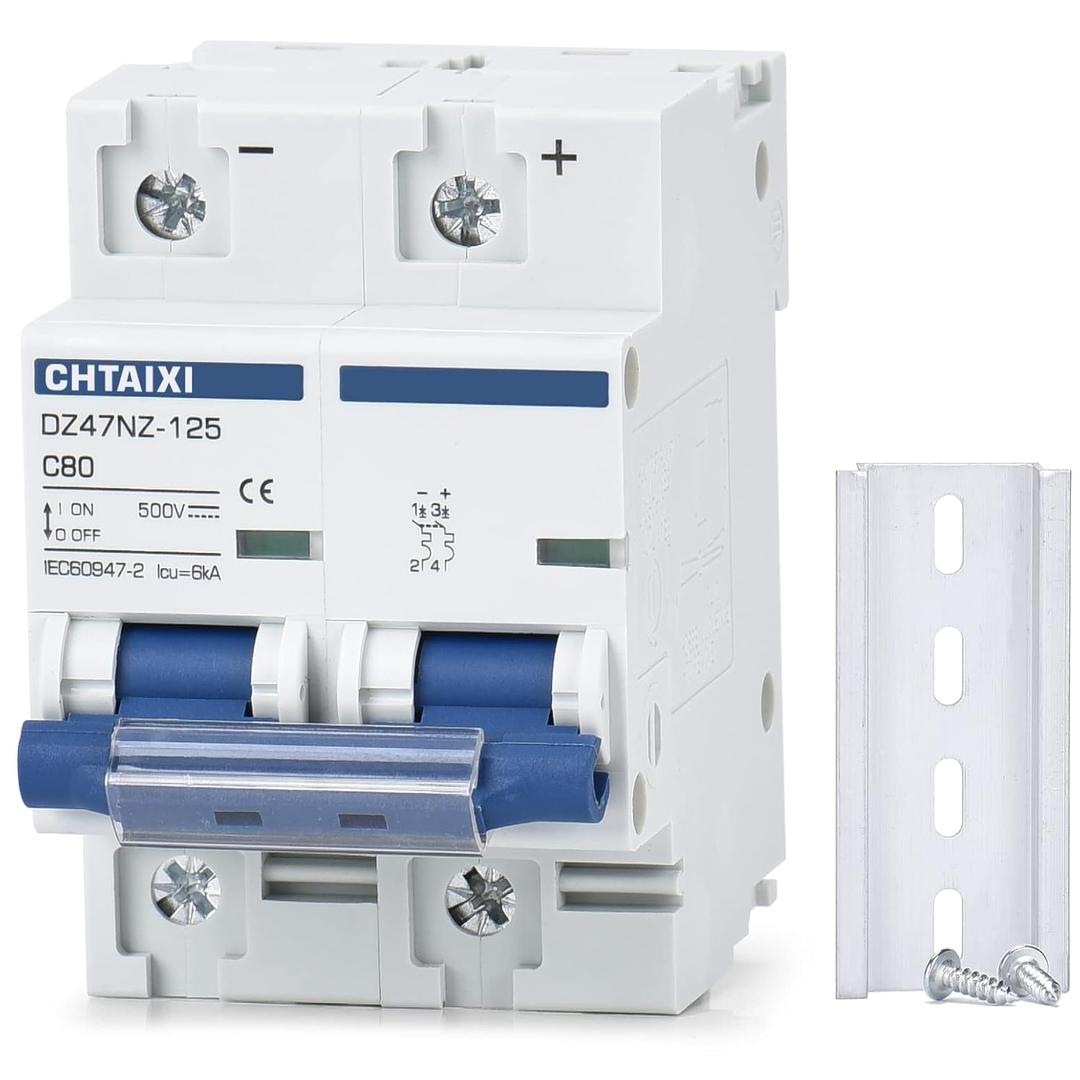 DC Miniature Circuit Breaker, 2 Pole 500V 80 Amp Isolator for Solar PV System, Thermal Magnetic Trip, DIN Rail Mount, High Current DC Disconnect Switch MCB 2P C80