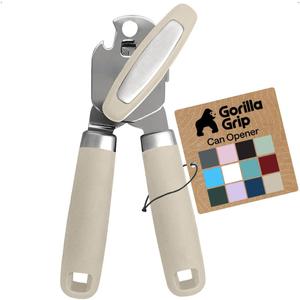 GORILLA GRIP Heavy Duty Stainless Steel Smooth Edge Manual Can Opener and Bottle Openers, Soft Comfortable Handle, Oversized Handheld Turn Knob, US Designed Multifunctional Kitchen Tool, Almond