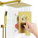 SR SUN RISE Shower System with Push Button Diverter Bathroom Luxury 12 Inch Rain Shower Head with Handheld Spray, High Pressure Shower Faucet Combo Set with Rough-in Valve & Trims, Brushed Gold