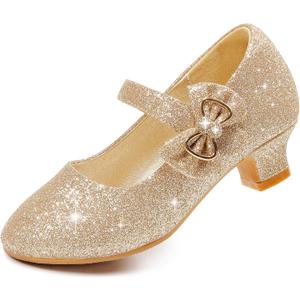 Dufannie Girls Dress Shoes Low Heel Princess Flats Mary Jane Flower Wedding Party Glitter Shoes for Kids Toddler (12 Little Kid, Generous Shimmer Gold)