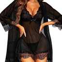 RSLOVE Women Sexy Lingerie Set 3 Piece Babydoll & Lace Kimono Robe Strap Chemise Sleepwear Mesh Nightgown, M