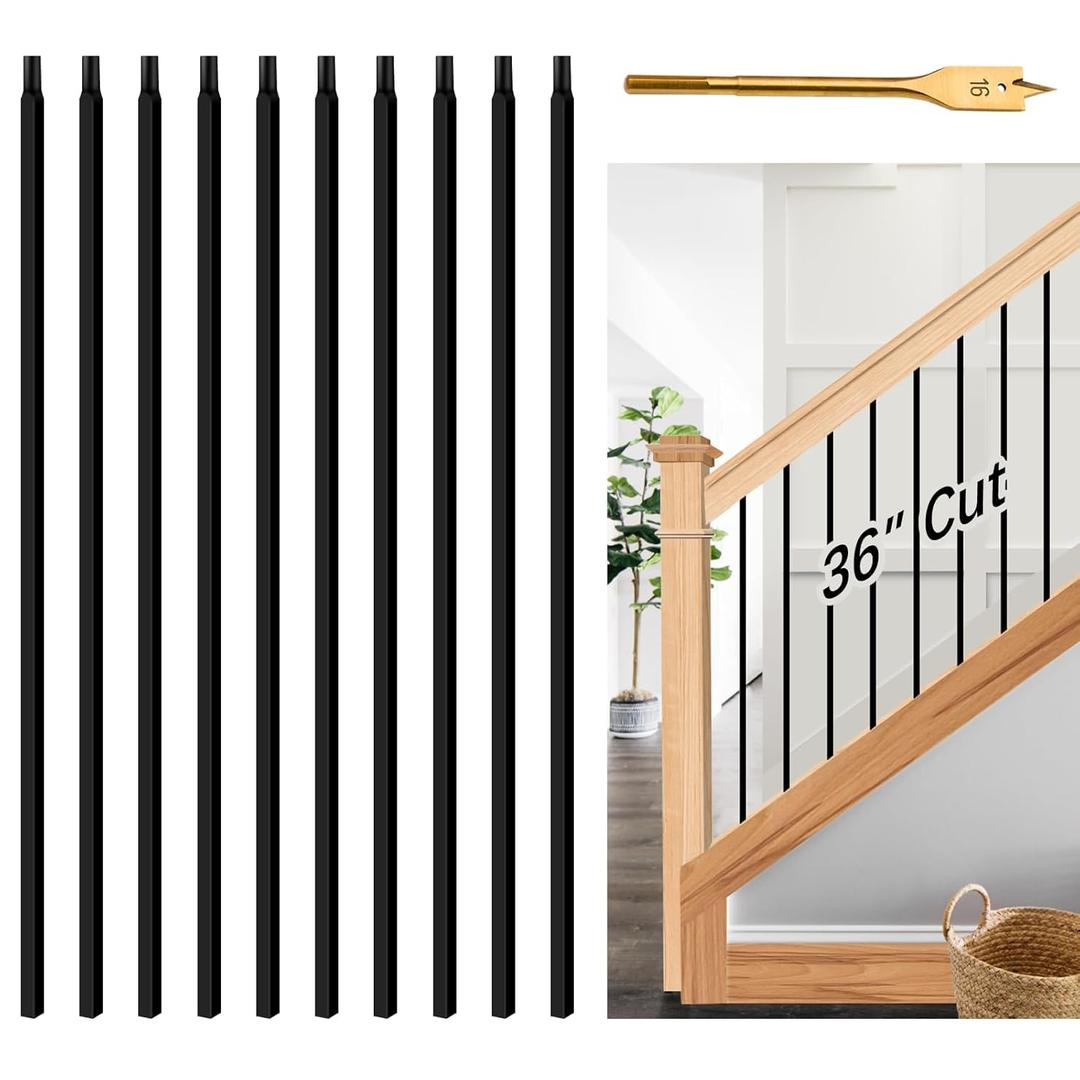 10 Pcs Iron Balusters for Staircase, 1/2" x 36" Wrought Iron Balusters, Metal Square Straight Hollow Iron Spindles for Stairs, Black Iron Stair Balusters for Staircase Interior