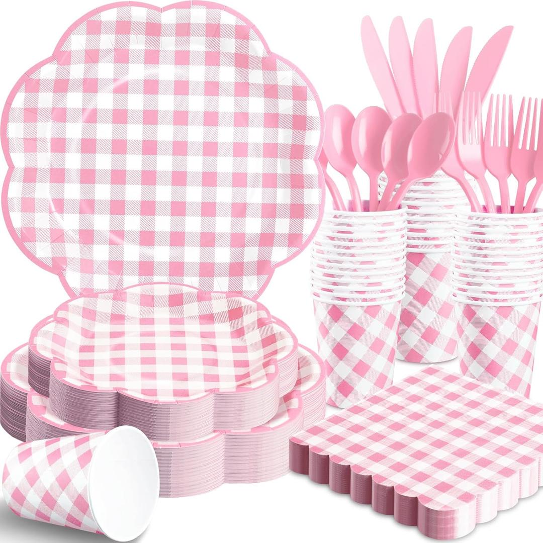 350 Pcs Pink Gingham Plates and Napkins Party Supplies - Pink and White Checkered Plates Sets Serve 50 Guests - Scalloped Gingham Paper Plate for Birthday Wedding Picnic Mother's Day Party Decorations