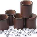 5 Pack PU Leather Dice Cups Velvet Felt-Lined Shaker Cups with 25 Dot Dice for Bar Party Yahtzee Farkle Dice Games, Brown