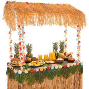 8 Pcs Tiki Bar Stand Supplies Tiki Hut Decorations Hawaii Luau Party Decorations with 1 Set White Plastic Stand 1 Thatch 2 Monstera Leaf Banners 4 Tinsel for Summer Party Supplies Outside Patio