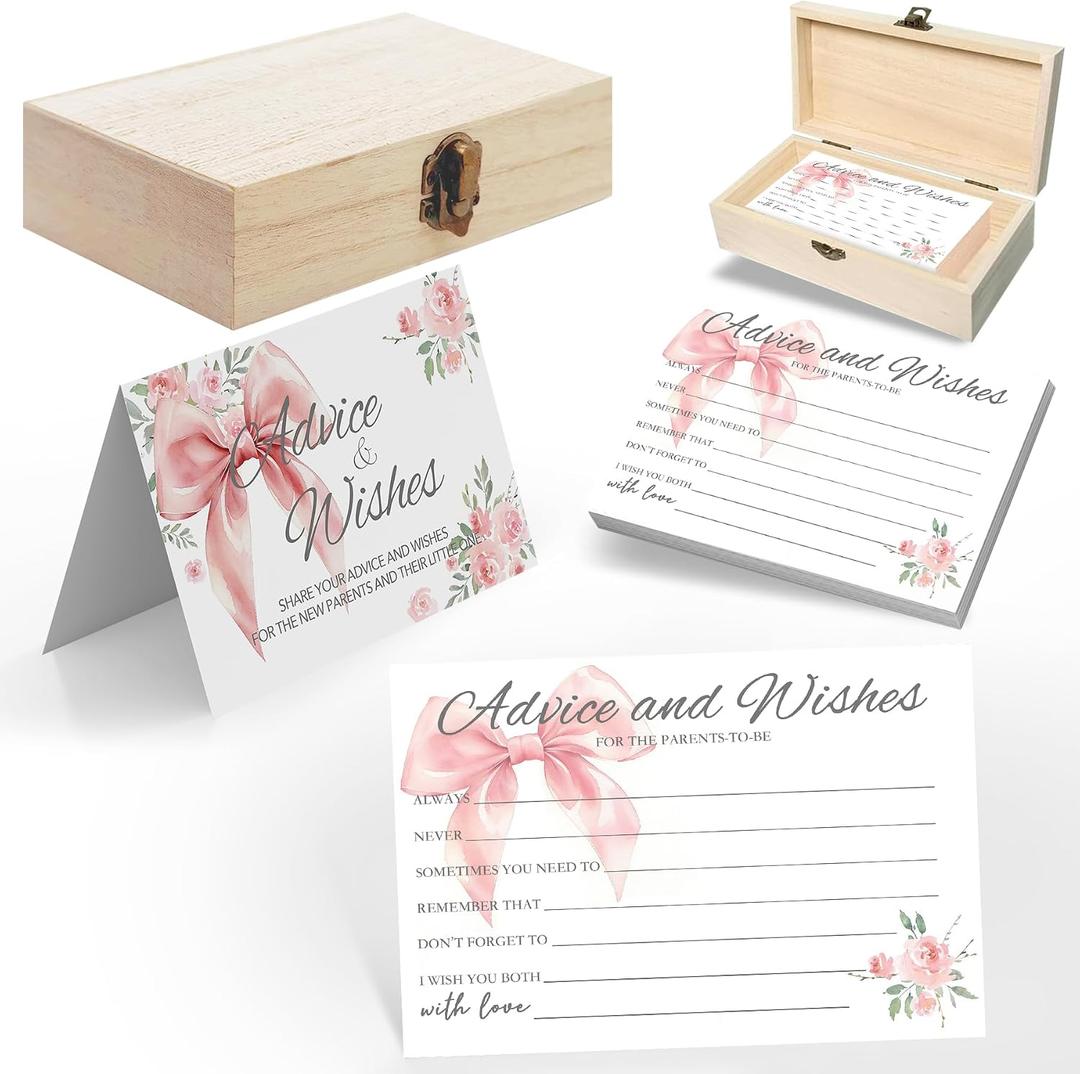 Baby Shower Advice Cards with Wooden Box - 60 Pink Bow Floral Tent Cards & Table Sign, Girl Baby Shower Guest Book Alternative for Parents-to-Be, Coquette Predictions Keepsake Gift Set