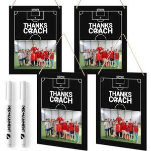 WATINC Thanks Coach Photo Frame - 4pcs Soccer Coach Wood Picture Frame Gifts with Pen for Women Men Team Player, Home Office Sports Decorations Hanging Frame Wall Art Photo Album (10.2” x 7.9”)