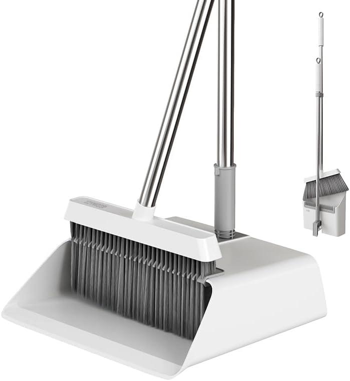 JOYMOOP Broom and Dustpan Set, Upright Standing Brooms for Sweeping Indoor, Light Weight Stainless Steel can be Hung on The Wall, Suitable for Pet Hair, Carpet, Floor
